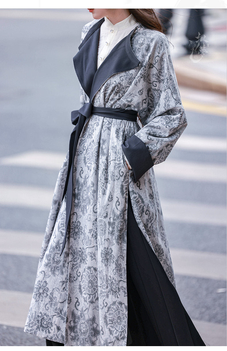 Dreamlike Autumn Rain Reversible Round-Neck Han-Style Top & Elastic-Waist Song Pants, Original Vintage Chinese Style, Black & Gray