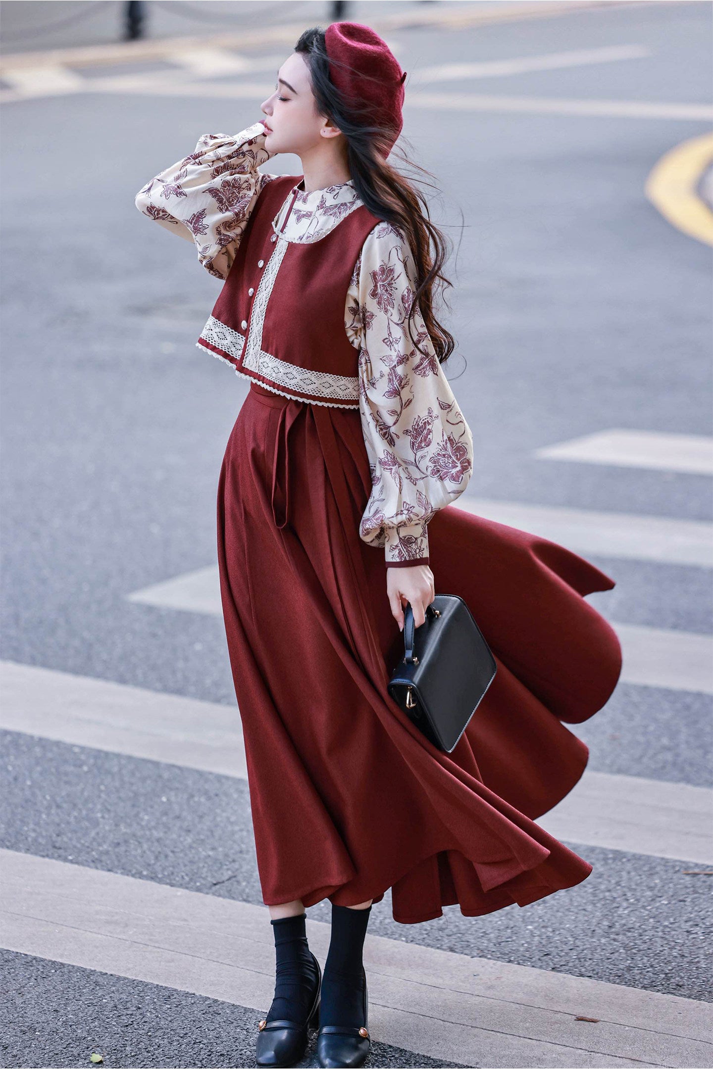 Nimeng Mulan Original Han-style Round Neck Top, Vest & Split Skirt, Fall/Winter, Vintage Wine Red, Daily Commute Women's