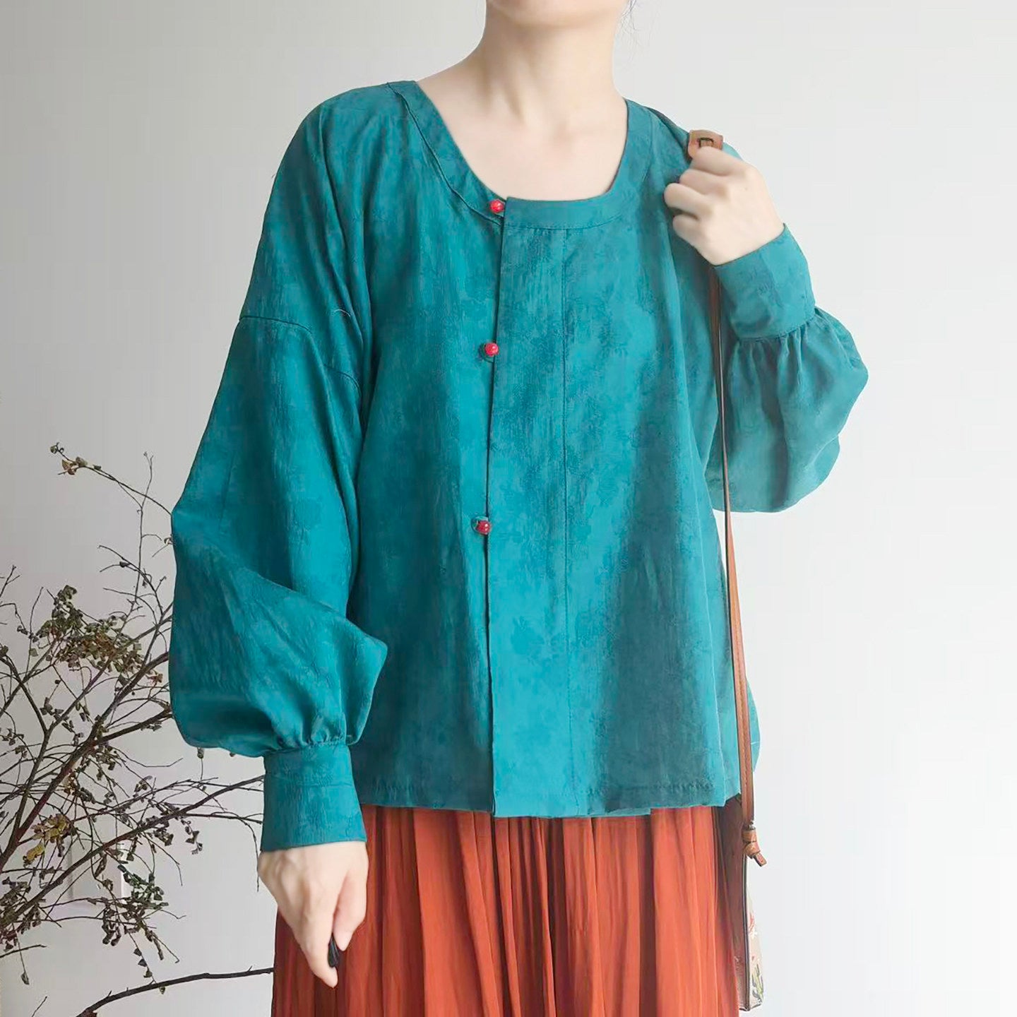 Dark Sleeve Fragrance [Dyed Pine Smoke] Hanfu Women's Modified Tang Tencel Round Neck Top w/ Dark Jacquard, Daily Commute