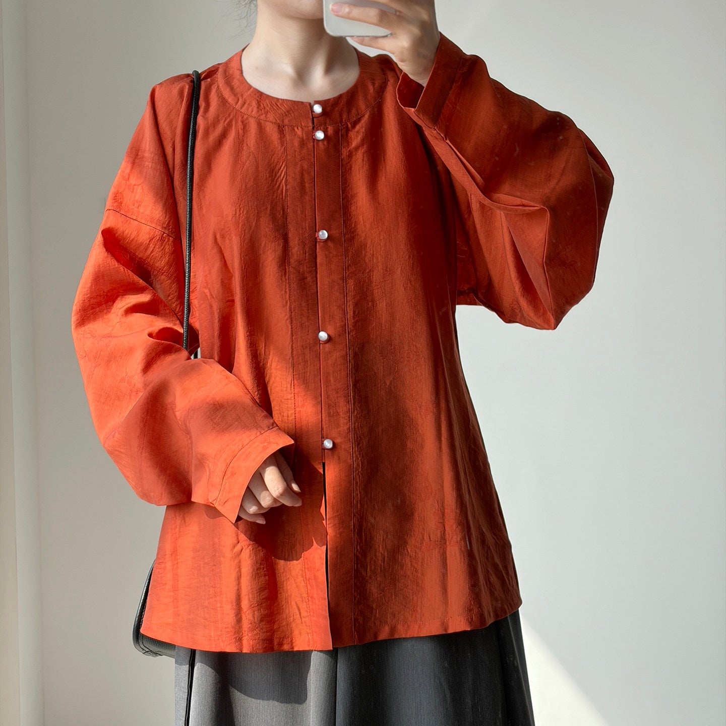 Dark Sleeve Fragrance【To Autumn】Hanfu Women's Tencel Round Neck, Front Open Bow Bag Sleeve Short Top w/ Pocket, Daily & Commute