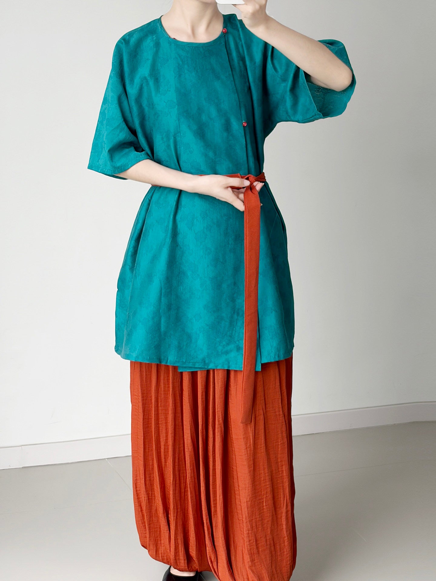 Dark Sleeve Fragrance [Blue Ting] Hanfu Women's Modified Tang Round Neck Short Sleeve Tencel Breathable Daily Commute