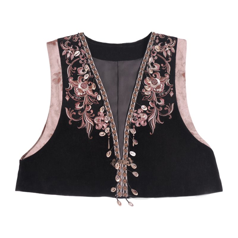 Dreamlike Frontier-Inspired Outfit, Modern Tang Vest, Color-Blocked Flared Skirt, Embroidered Mandarin-Collar Blouse, Ethnic Boho Style