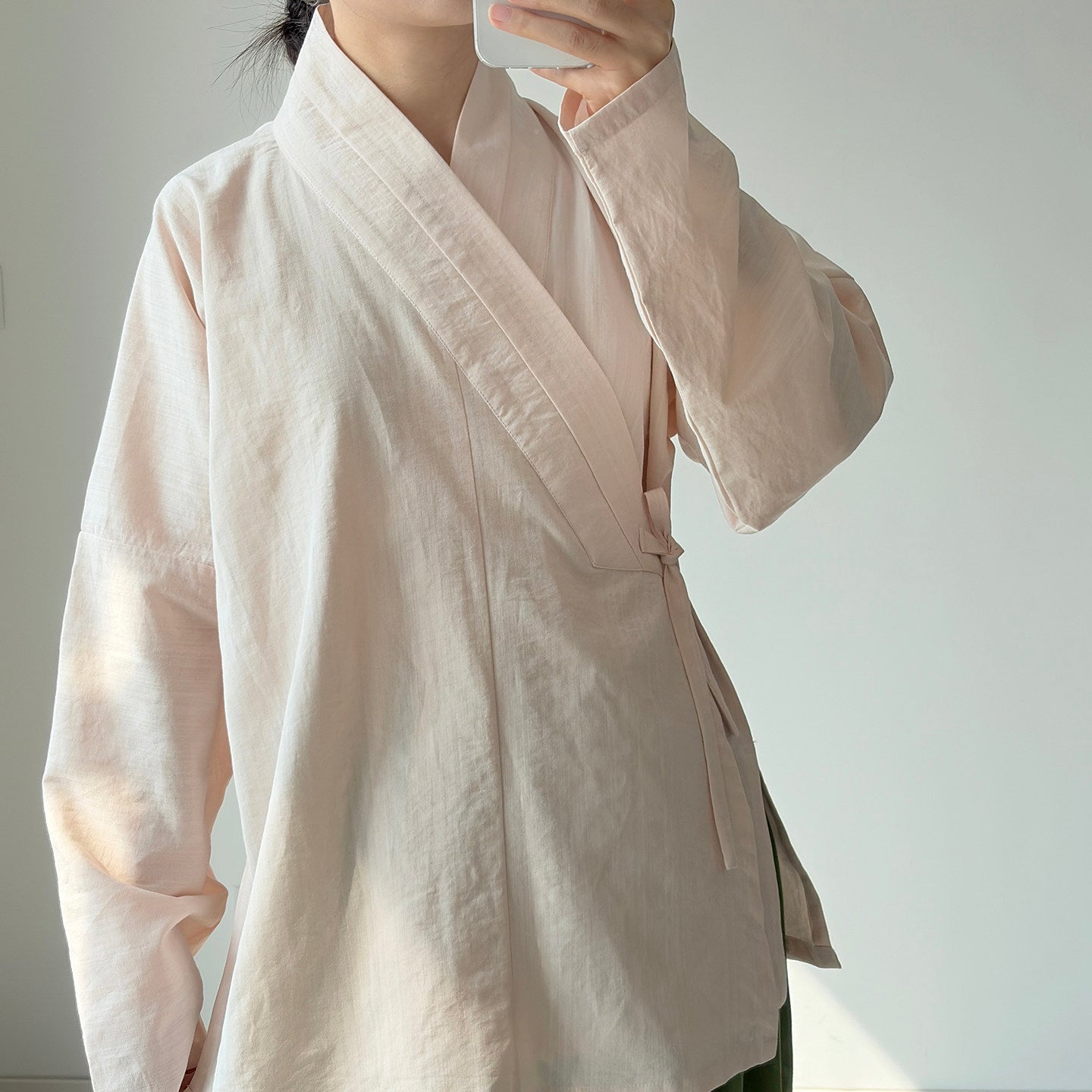 Dark Sleeve Fragrance Ming-style Cross-collar Hanfu Narrow-sleeve Short Top, Solid Cotton, Horizontal Collar, Long Sleeves, Daily Commute & Work