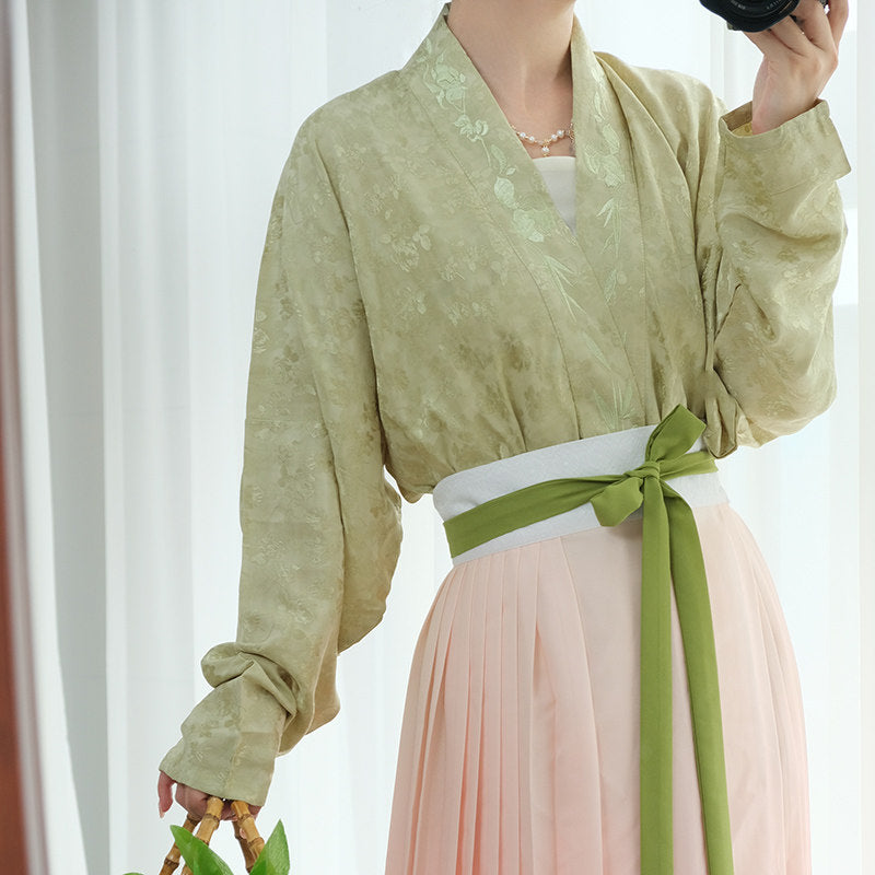 An Xiu Ying Xiang[Rose] Original Hanfu Song-style Cross-collar Airplane Sleeve Short Top Modified Han Elements Rayon Jacquard Autumn