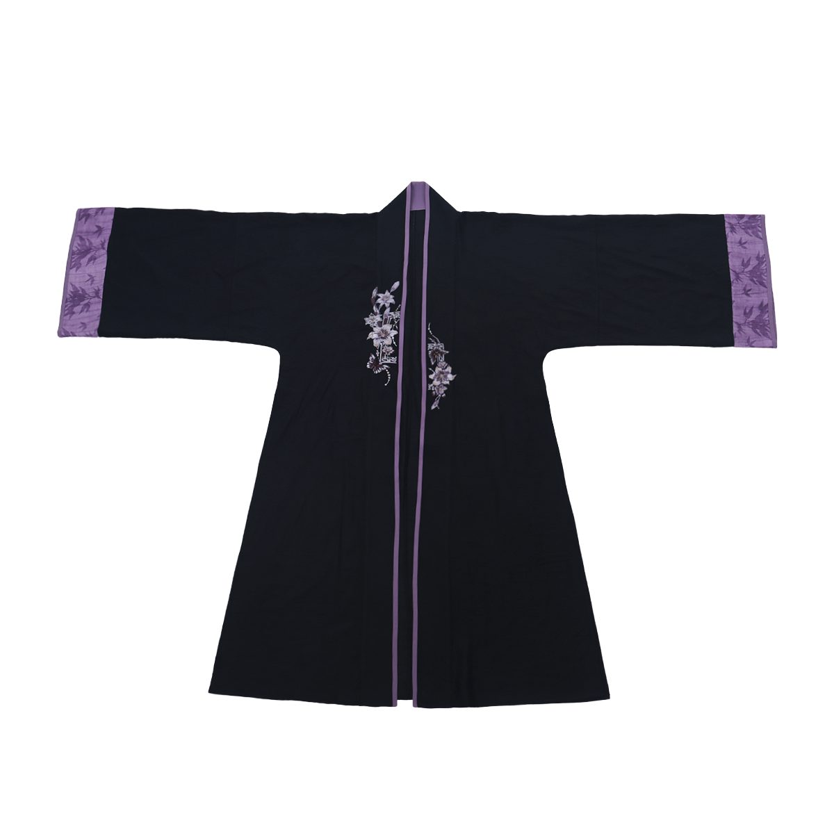 Lily Card Nimeng Original Song-style Cross-collar Long Coat & Spin Skirt, Modified 3-pleat Skirt, Black & Purple Embroidery, Spring-Autumn Contrast