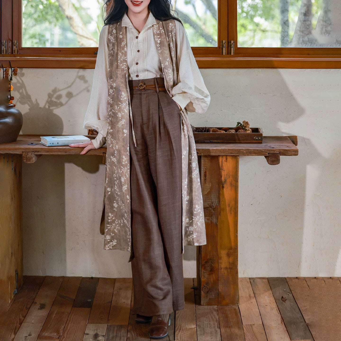Nimeng "South France Holiday" Ming-style Mandarin Collar Long Vest, New Chinese Shirt & High-Waist Wide-Leg Trousers, Cotton Linen Vintage