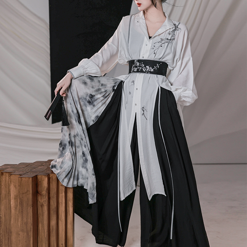 Nimeng Original “Plum Blossom Poem” Han-Inspired Modern Chinese Black & White Edgy Mandarin-Collar Shirt & Updated Song-Style Pants, Spring/Fall, Unisex