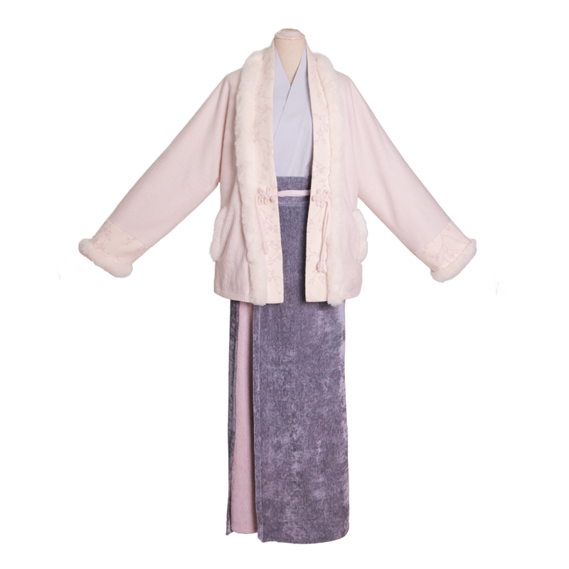 Nimeng Miaomiao Improved Batwing Sleeve Song-Style Spun Skirt Knit Hanfu, Fleece-Lined, Pink-Purple, Fall/Winter Daily Wear