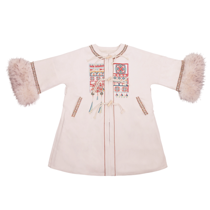 Dreamy Cloud Song Ming-Style Round-Neck Half-Sleeve Long Jacket, Fleece-Lined for Fall & Winter, Heavy Embroidery, Pleated Skirt, Tassels, Zhuang Ethnic Style