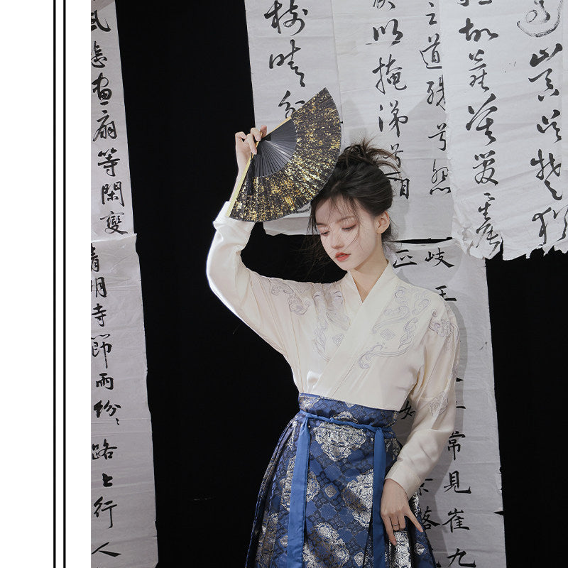 Anxiu Yingxiang Original [Hundred Blessings] Ming-style Hanfu Plane-sleeve Short Jacket & Gold Brocade Mamianqun - Women's Spring/Summer Daily