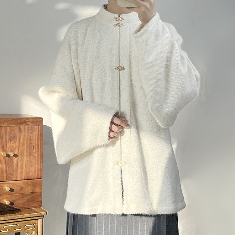 Anxiuyingxiang【Snow】Faux Mink Fur Hanfu Women Ming Style Stand Collar Front Opening Bow Pouch Sleeves w/ Pockets Daily Commuter