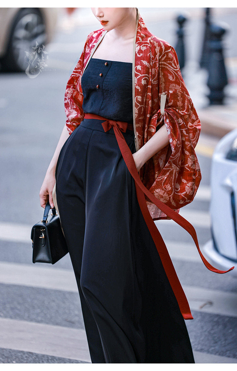 Nimeng Zhuque Original Pleated Top, Modified Song Pants & Camisole - Han Style Chinese Retro Casual Daily Spring-Autumn