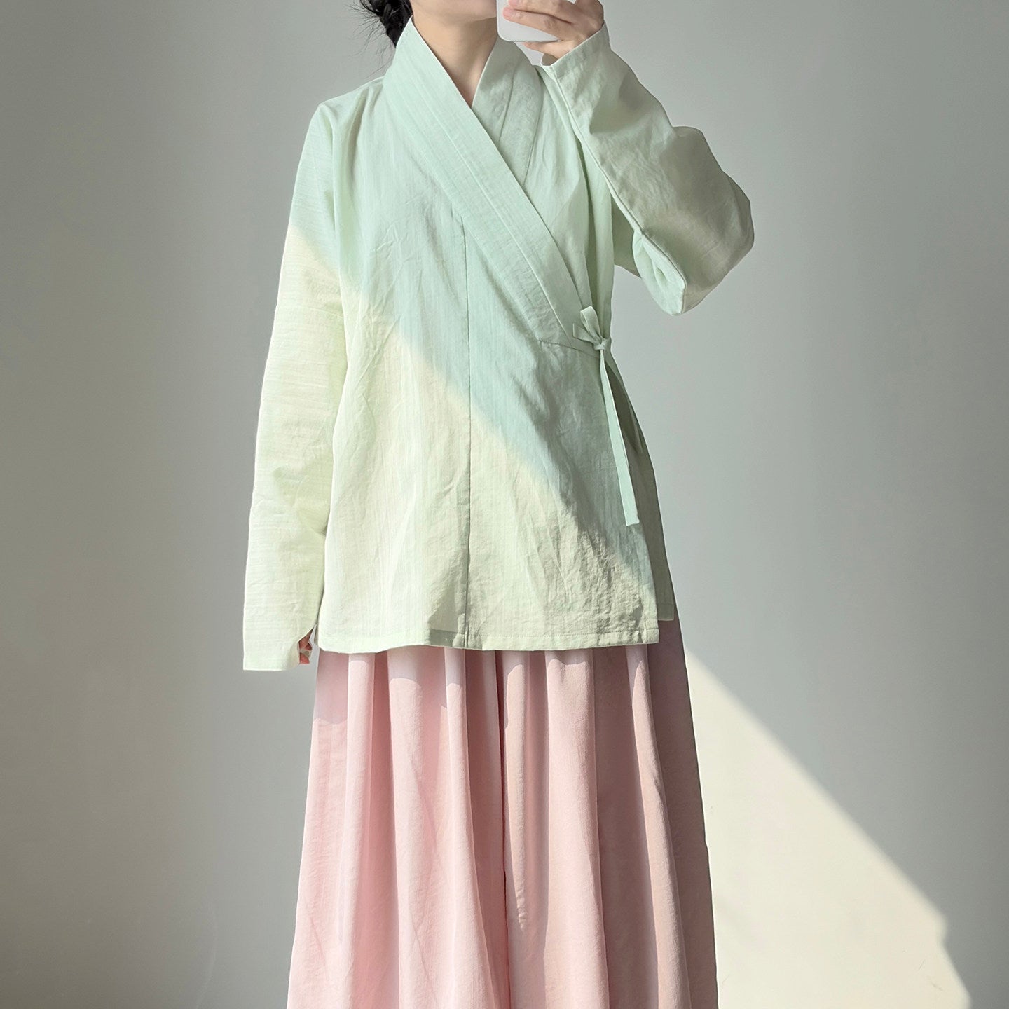 Dark Sleeve Fragrance Ming-style Cross-collar Hanfu Narrow-sleeve Short Top, Solid Cotton, Horizontal Collar, Long Sleeves, Daily Commute & Work