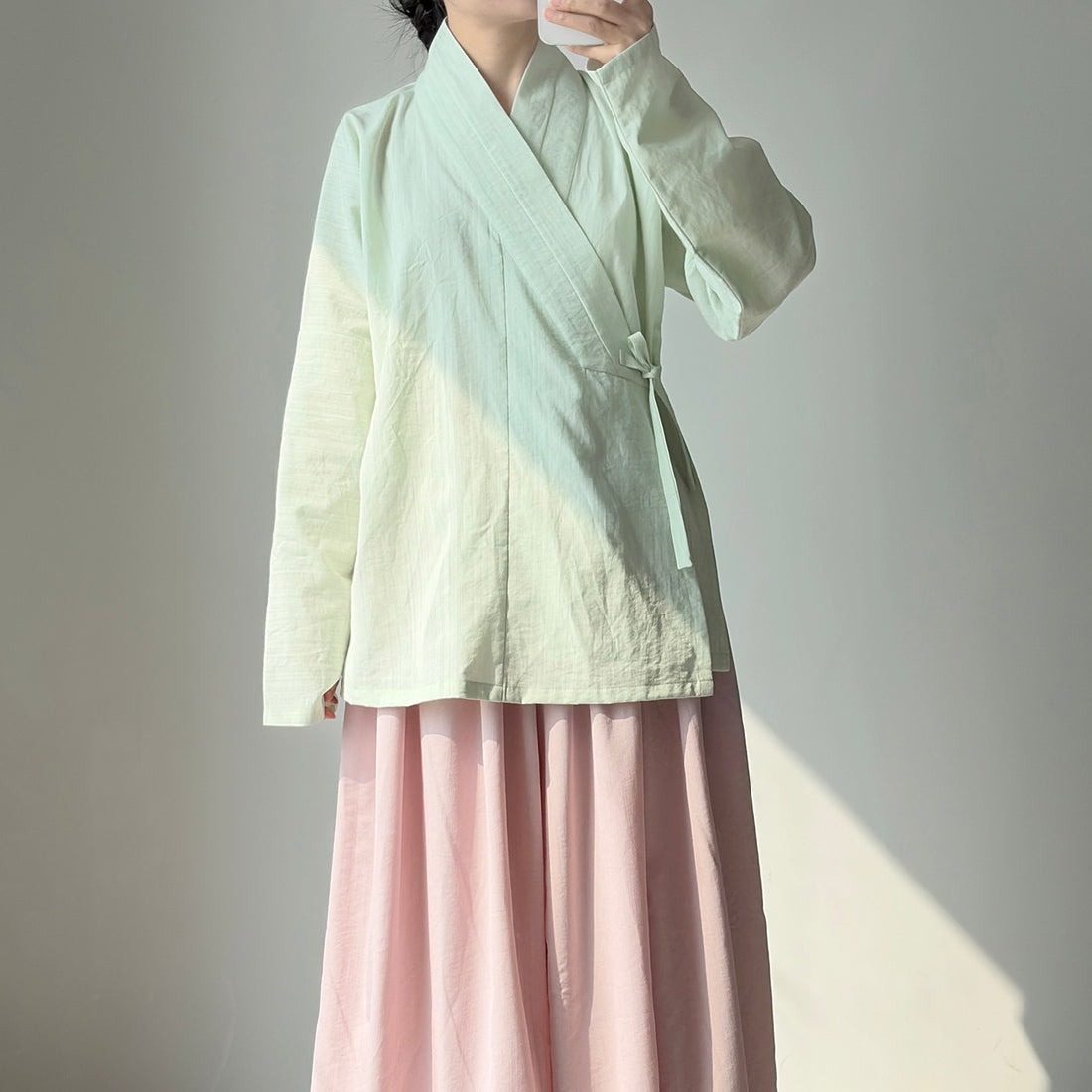 Dark Sleeve Fragrance Ming-style Cross-collar Hanfu Narrow-sleeve Short Top, Solid Cotton, Horizontal Collar, Long Sleeves, Daily Commute & Work