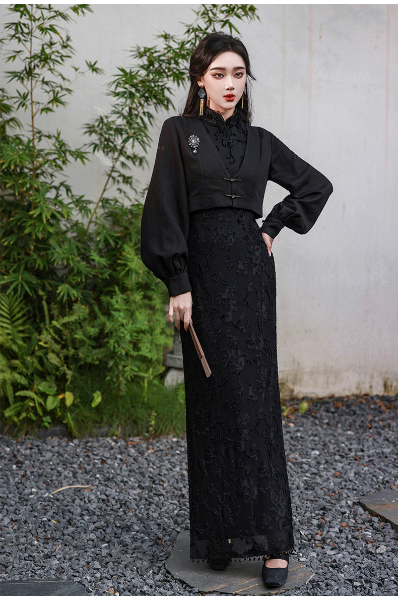 Nimeng “Secret Fragrance” Original Velvet Beaded Sleeveless Floor-Length Qipao, New Chinese-Style Blazer, Elegant Vintage Republican-Era Look