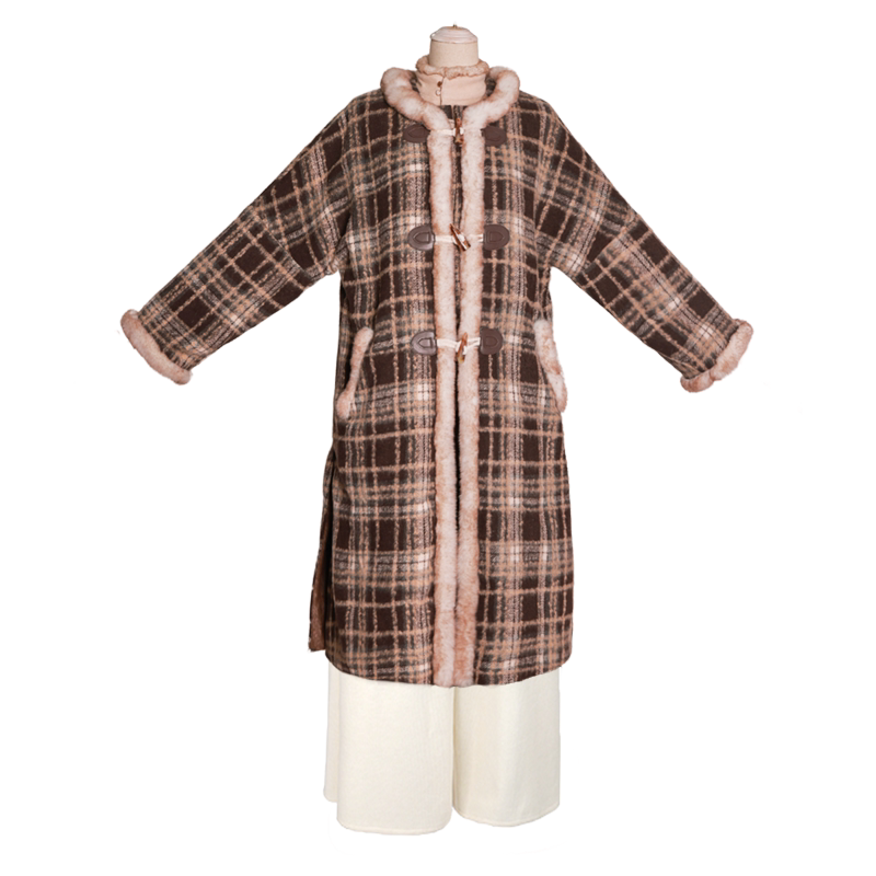 Dreamlike Black Sugar Half-Sleeve Ming-Style Round-Neck Long Jacket & Song-Style Pants, Fleece-Lined Wool Blend, Fall/Winter, Everyday & Workwear, Plaid Pockets