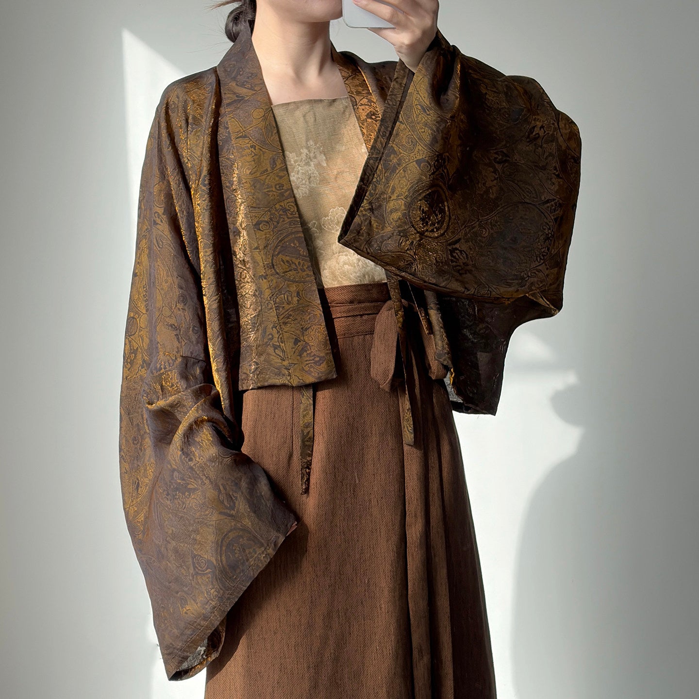 Dark Sleeve Fragrance [Sandalwood] Rayon Shimmer Short Top & Darted Wrap Skirt Slimming Hanfu Daily Commute