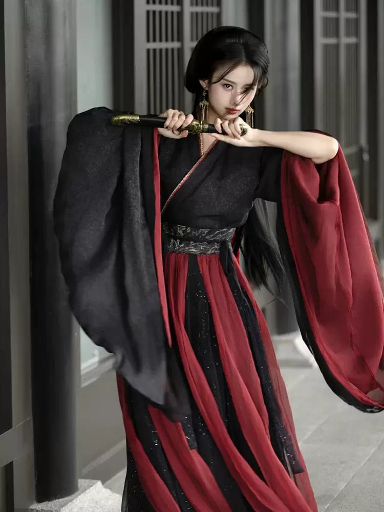 chinese dress black and red Black Red-flower Print Split-side Long Cheongsam