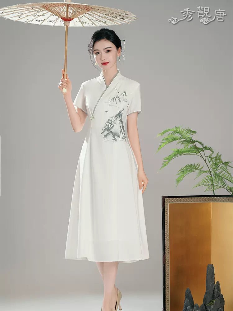 chinese dress knee length Vintage Oriental Style Knee-Length qipao dress for Women - Slim Fit, Elegant Print, Classic Stage Show Style