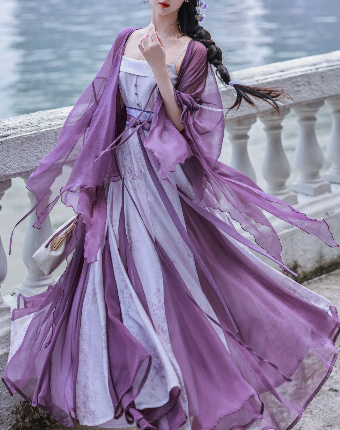 Nimeng Yuhudie Orig Chinese Han-Element Dress, New Chinese Style, Mermaid Hem, Ripped Sleeves, Purple, Spring/Autumn